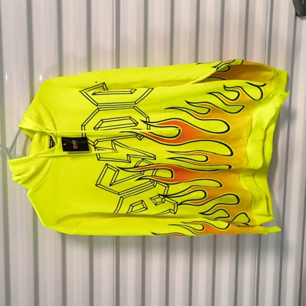2019 AC/DC Neon Yellow Flame Graphic Hoodie Sweatshirt Officially Licensed L New